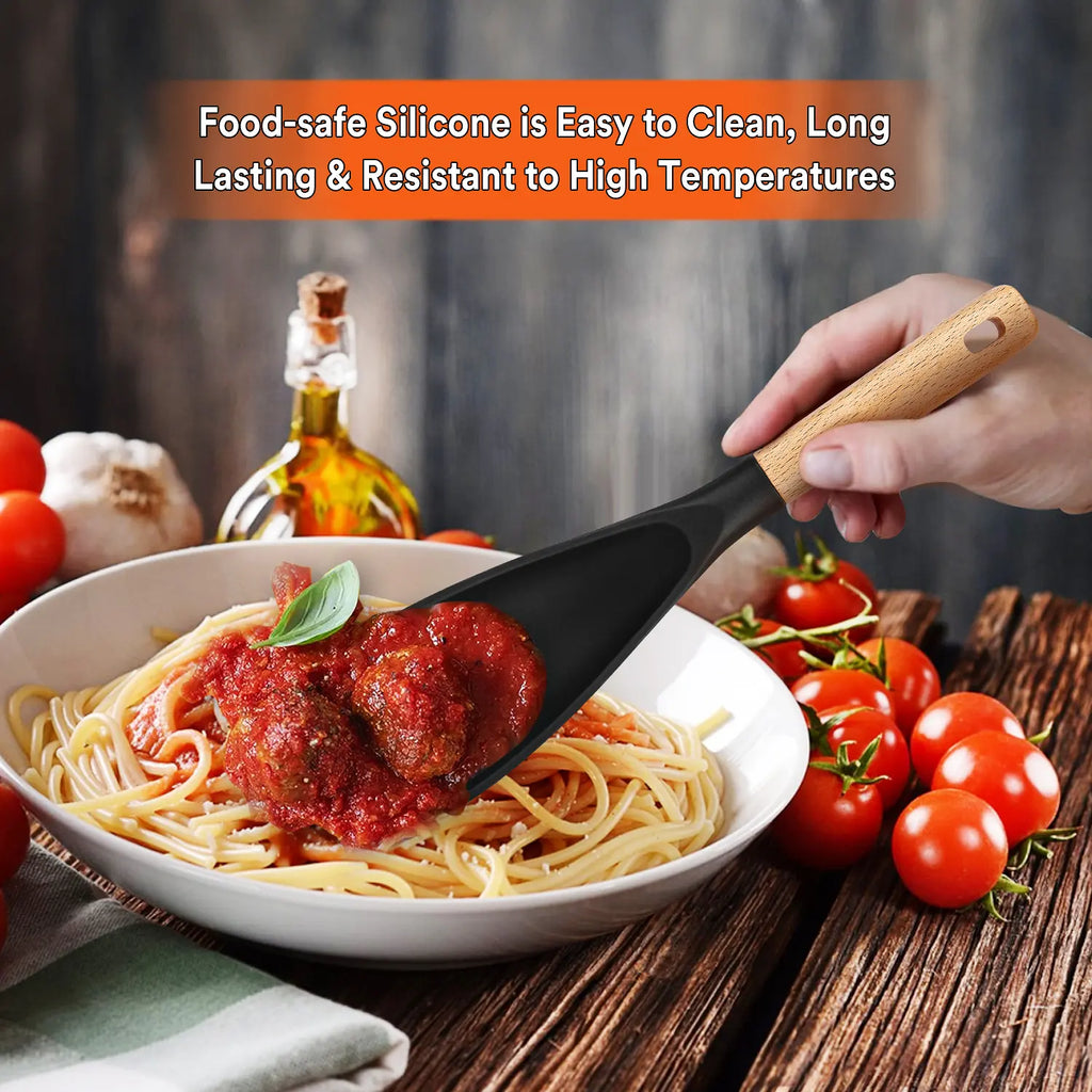 Cooking Spoon for Nonstick Cookwares, Great for Cooking and Serving Durable Bpa-Free Matte Silicone, Wood Handle Spoon for Mixing, Scoop, and Scrape